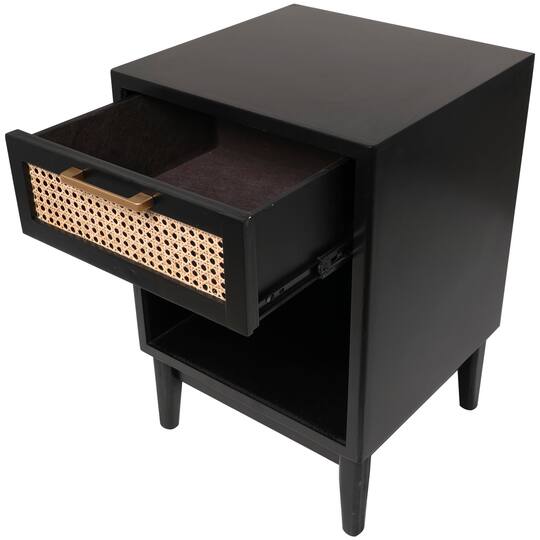 Wood Accent Table with Cane Front Drawer & Gold Handle